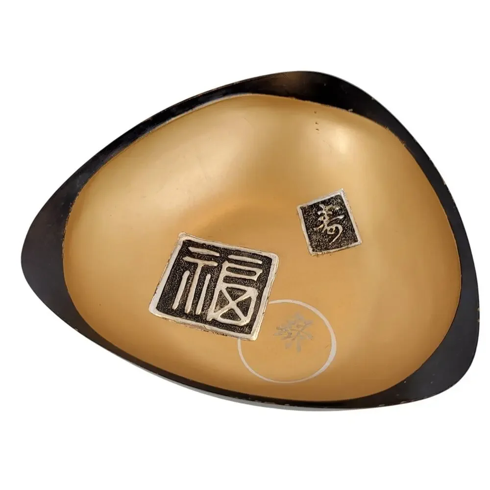 Fred Roberts Japan Mid Century Black Gold Bowl Triangle Dish Asian Symbols